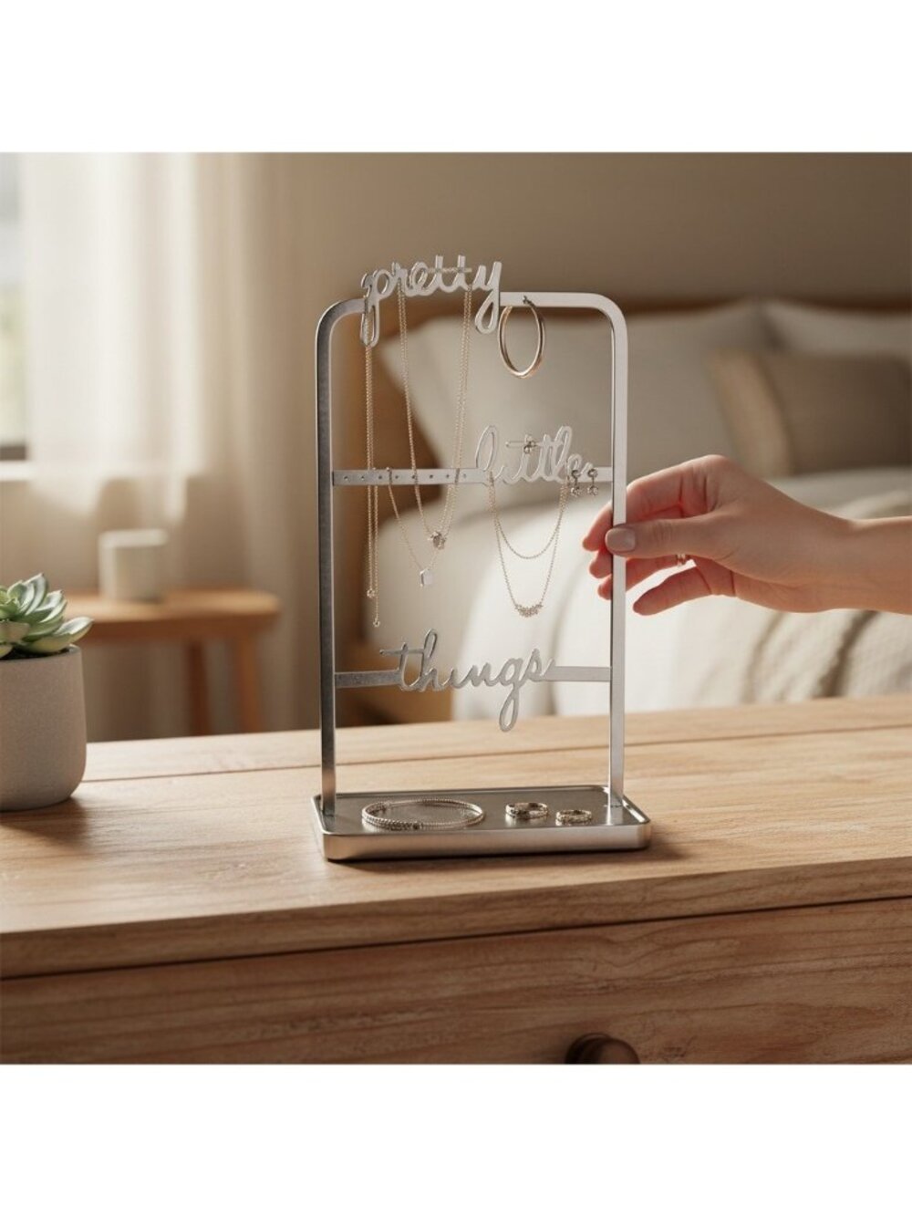 Pretty Little Things Metal Jewelry Organizer Stand With Tray - Silver